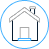 Simple line drawing of a house inside a blue circle. The house has a door, a small chimney, and a roof, all outlined in gray, black, and blue.