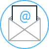 An icon of an open envelope with a letter inside, displaying the @ symbol. The entire image is enclosed within a blue circle.
