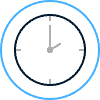 A simple clock face with blue outline shows the time as 2:00. The hour hand points at 2 and the minute hand points at 12. The clock has tick marks for each minute and longer marks for each hour.