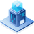 Isometric illustration of a blue server or data center with a cloud icon above it, representing cloud computing or data storage on a light platform.