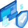 An isometric illustration of a computer screen with digital files, connected to a shield featuring a checkmark, symbolizing cybersecurity and secure online transactions.